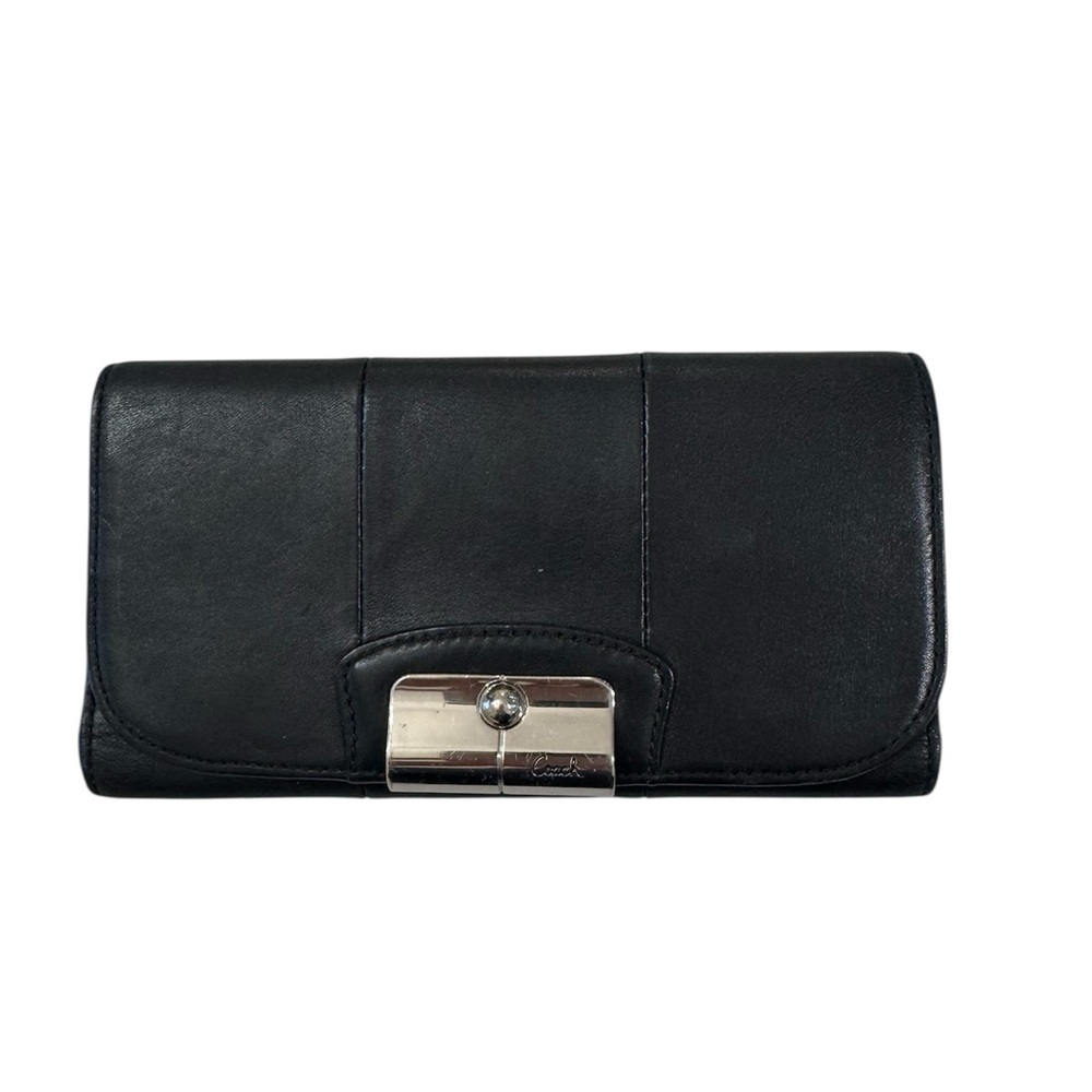 Coach Kristin Envelope Trifold Wallet Black Leather Silver Closure Pink Interior